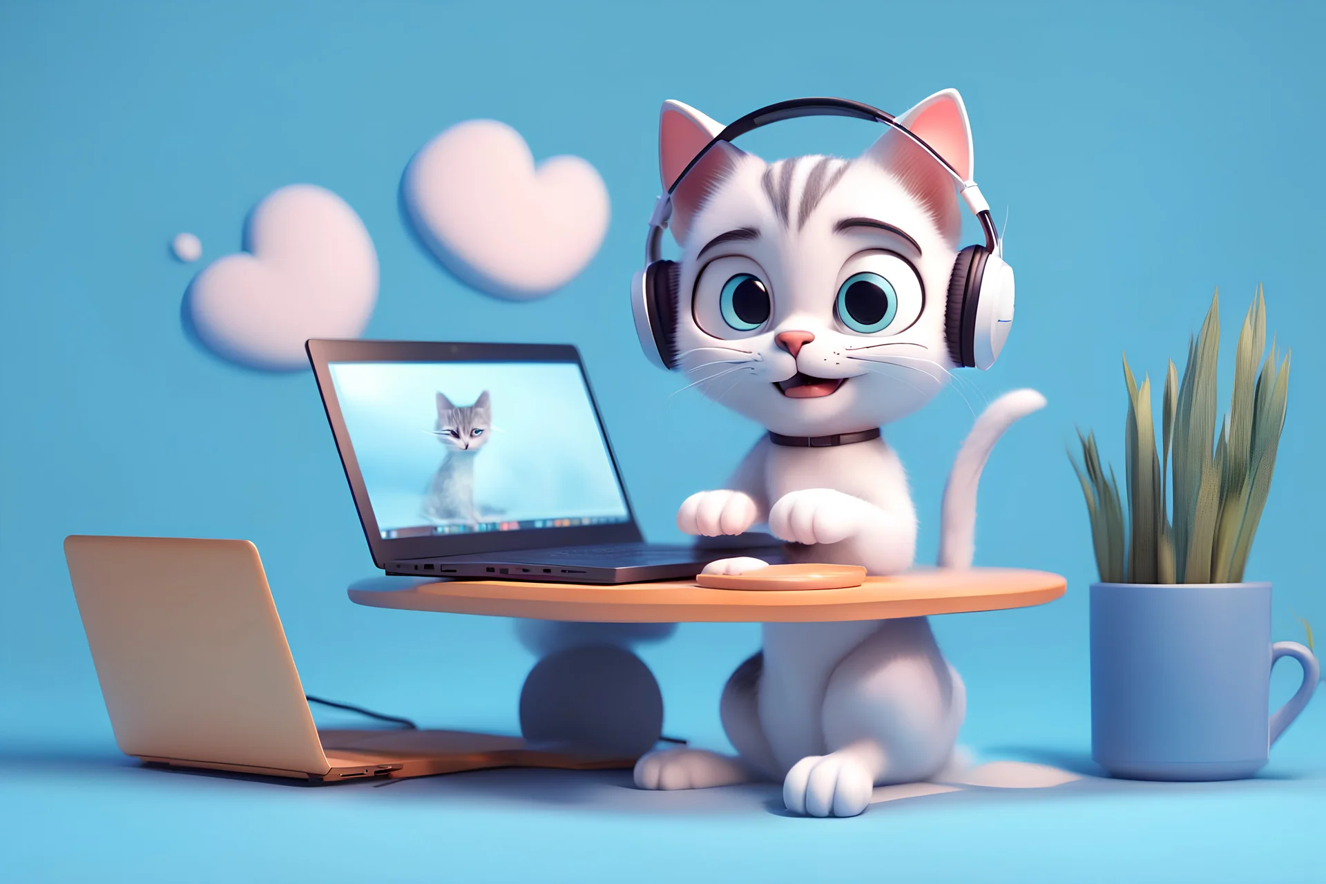 funny cute cat in headphones sitting at the desk in front of laptop with paws on keyboard disney style 3d light blue background