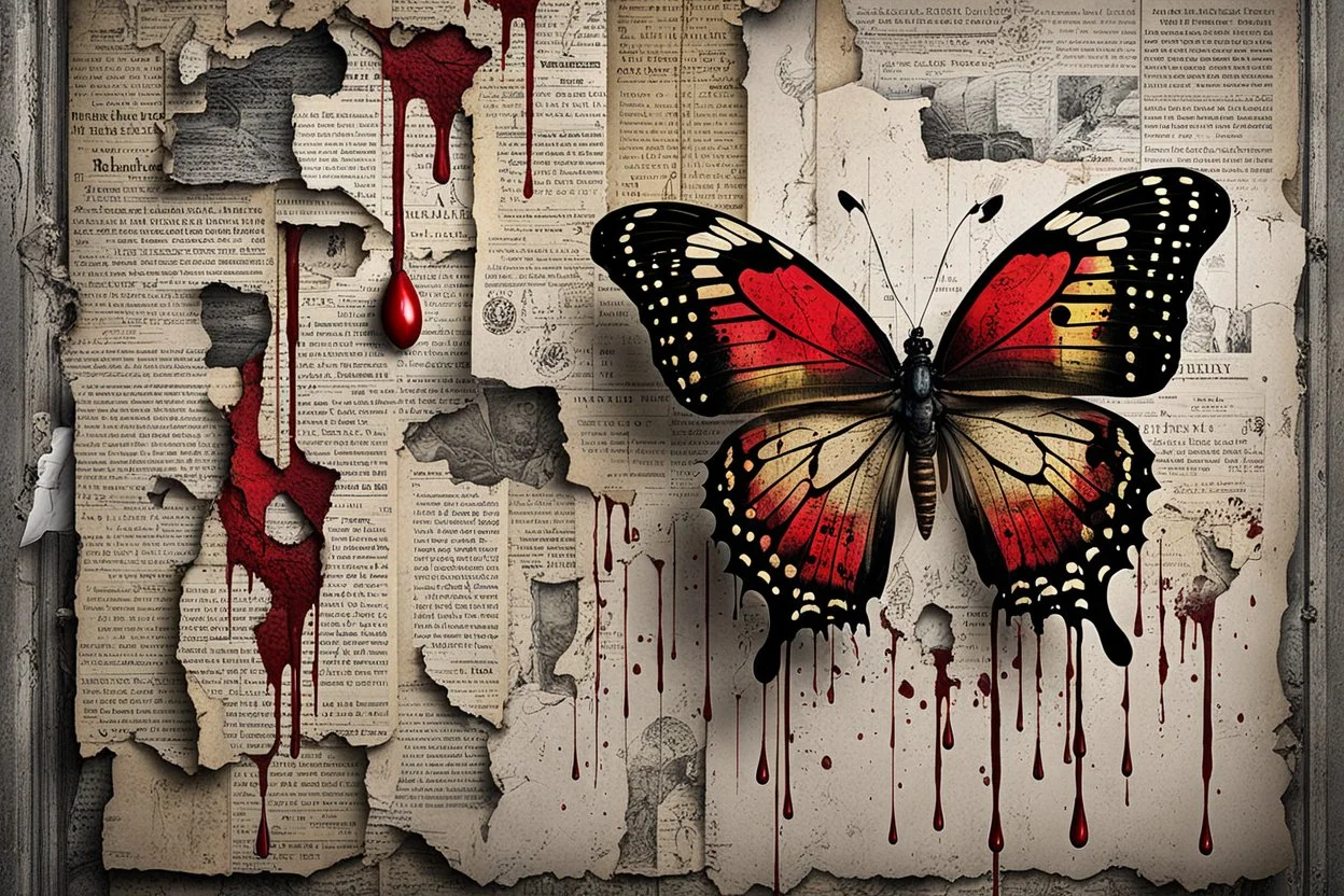 a bleeding black velvet butterfly is pinned to an old, dirty wall with a large shiny nail, red blood flows from the butterfly's wings and body, next to it on the wall are old, yellowed, cut-out newspaper articles about missing children, dirty fingerprints and drops of blood on the cracked, old gray-white wall , intricate details, sharp focus, cinematic, surreal, hauntingly beautiful, perfect composition