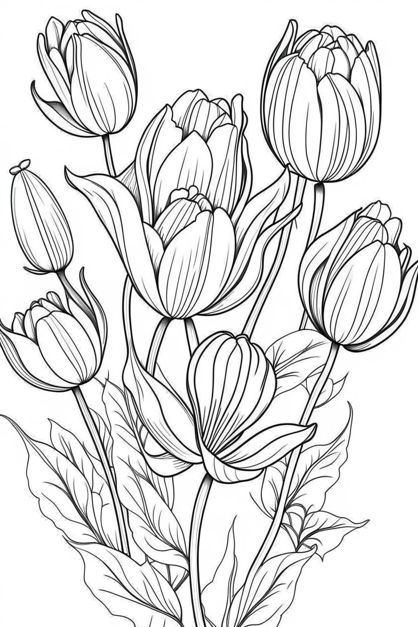 Outline art for coloring page, STYLISH TULIPS, coloring page, white background, Sketch style, only use outline, clean line art, white background, no shadows, no shading, no color, clear