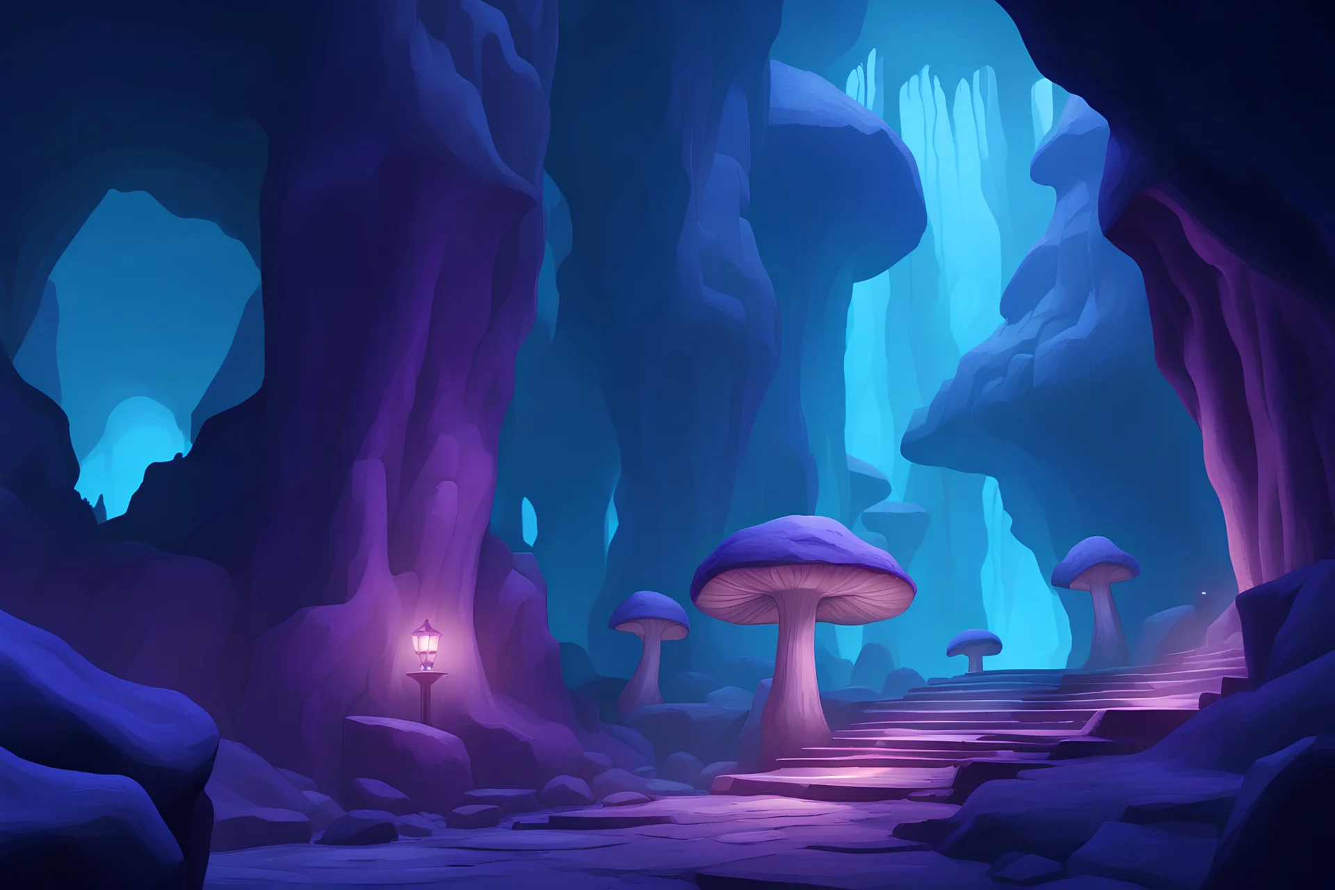 Underground passages, cavern caves tunnels, underdark route, glowing giant mushrooms, stalagmites stalagtites, cold rock surfaces, dark somber environment, soft weak blue lighting, soft weak purple lighting, soft weak green lighting, high definition ultra HD 4k