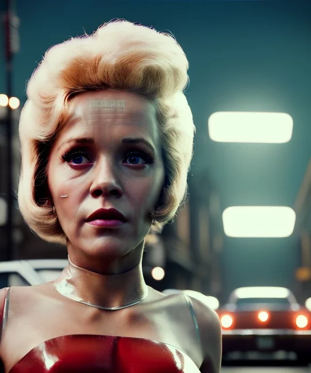 Ultra Realistic retro sci-fi movie Supermarket parking scene, 1960 year, waist up view portrait, 2 clones blonde women, sweet young Jane Fonda face, perfect iris, glow eyes, face makeup, tight latex coat, Scare people background, Retro sci-fi style, soft color, highly detailed, unreal engine 5, ray tracing, RTX, lumen lighting, ultra detail, volumetric lighting, 3d, finely drawn, high definition, high resolution.