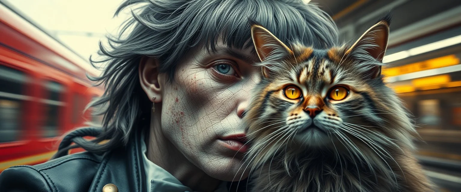 high class realism, dented skin, victorian era, cyber punk, A really close up portrait of one person individually mutated with hairy wigs glowing, and a long haired cat that just came out of a violent twister with its long hair twisted, background blur, high speed train