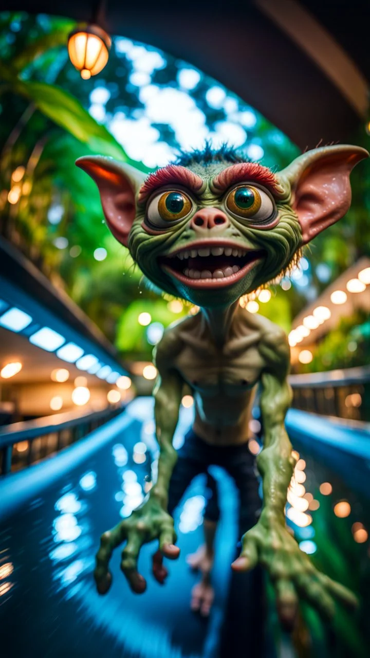 fisheye selfie by furry hairy pimp rocker alien giant gremlin on bridge over water slide dancing in dark lit reflective wet jungle hall hotel tunnel,bokeh like f/0.8, tilt-shift lens 8k, high detail, smooth render, down-light, unreal engine, prize winning