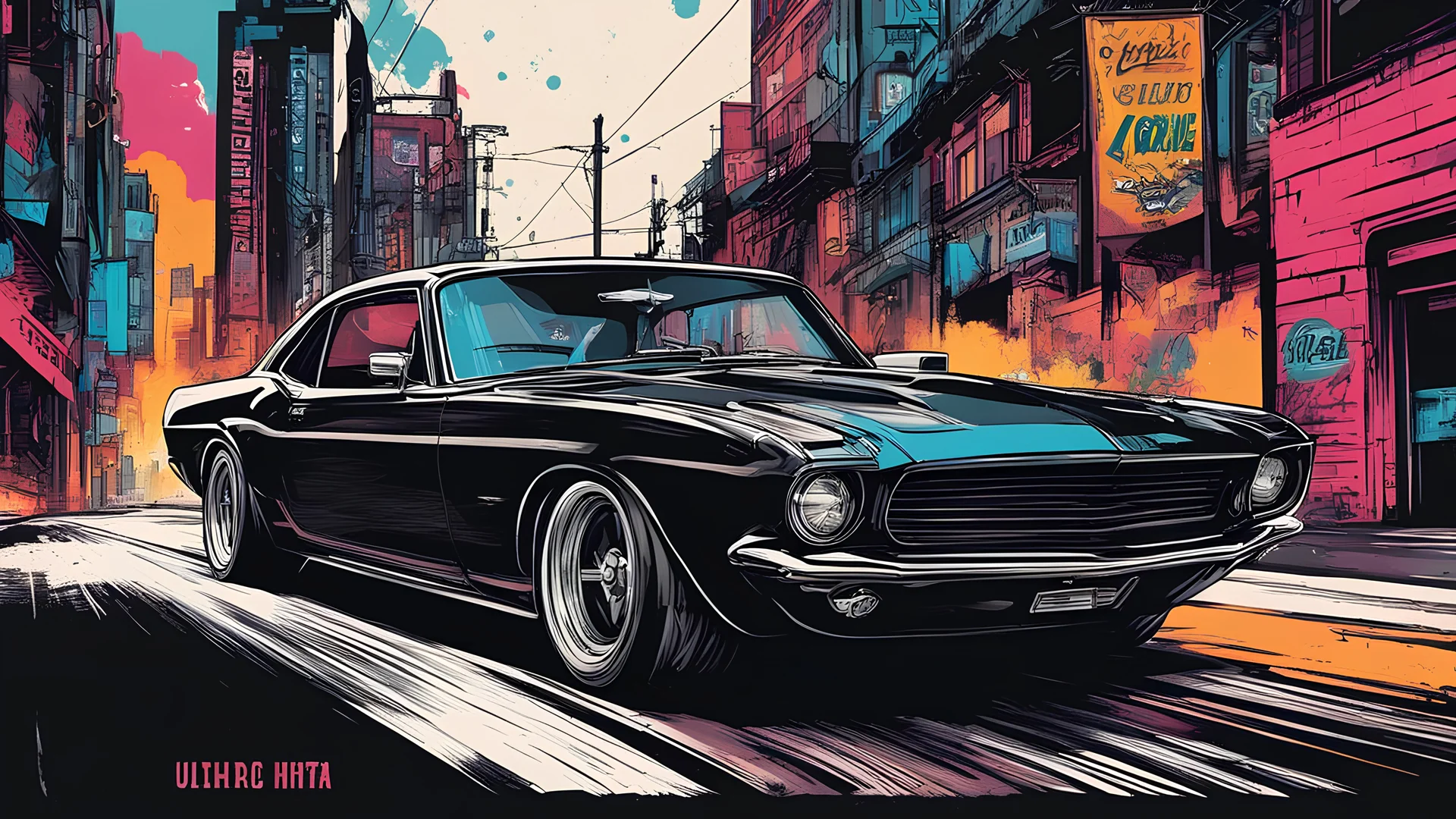 Black Mustang cruising through an ink-punk styled city, vintage stamp aesthetic, LLart illustration resembling a dynamic comic book panel, vibrant colors, sketched with tiny, intricate details, masterpiece aligning with ArtStation trends, sharp focus, bold high quality, vector style suitable for a t-shirt design, ultra-detailed, high resolution, 4k artwork by Luiza Lima, dramatic lighting, octane rendering.