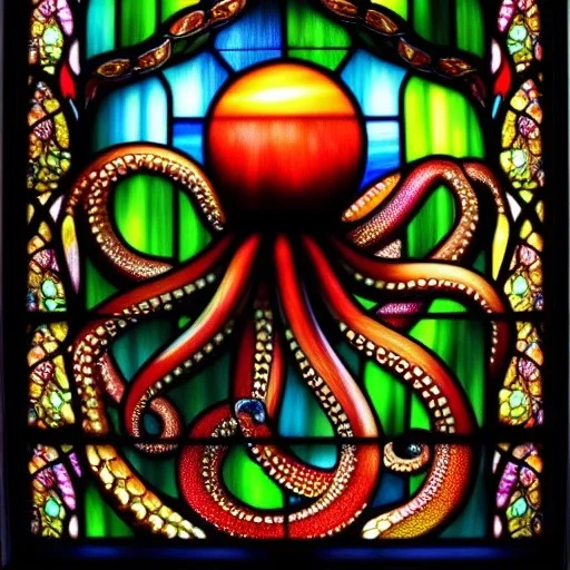 Ultra detailed Drawing in oil on canvas of Stained Glass Octopus ,extremely detailed digital painting, extremely detailed face,crystal clear Big eyes, mystical colors ,perfectly centered image, perfect composition, rim light, beautiful lighting,masterpiece,8k, stunning scene, raytracing, anatomically correct, in the style of robert e howard and Ken Kelley and Ohrai Noriyoshi and Simon Bisley and tomzj1