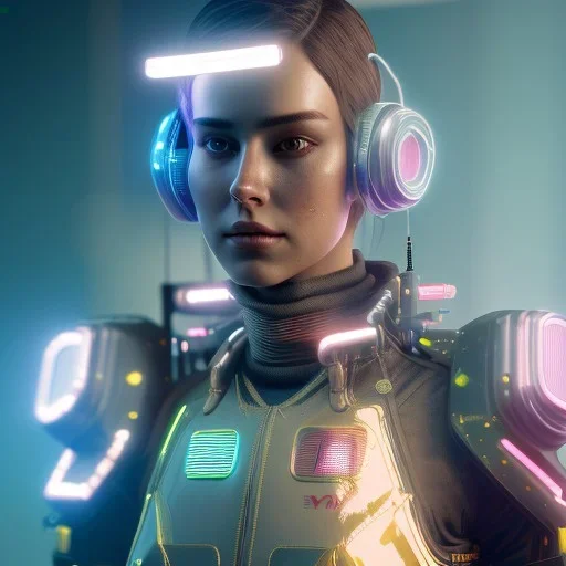 A cyberpunk soldier Armor wearing girl,cyberpunk 2077, ultra realistic,shiny, smooth, studio quality, octane render, Surrealism, Triadic colour scheme,glow-stick, ambient lighting,nightclub lighting, polaroid, 100mm