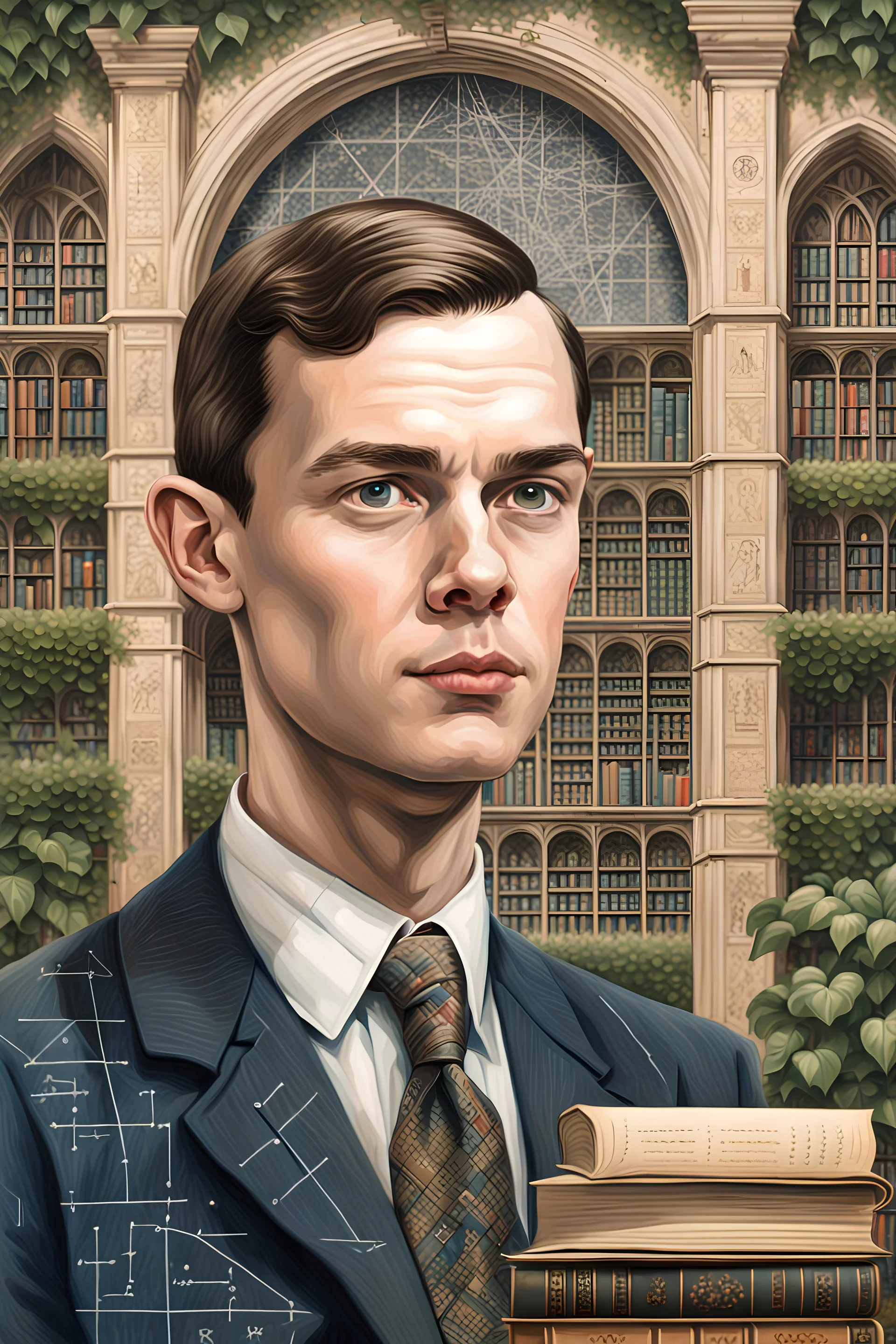 A detailed, realistic portrait showcasing a young Alan Turing engrossed in the elegant beauty of mathematics, surrounded by antique books and intricate mathematical diagrams, set against the backdrop of a grand, ivy-covered building representing the University of Cambridge.