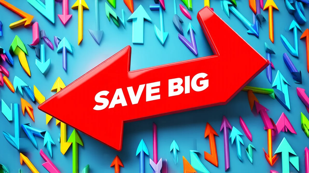 3d red arrow pointing left, background where colorful arrows racing past lice nascar. "SAVE BIG" written in front arrow