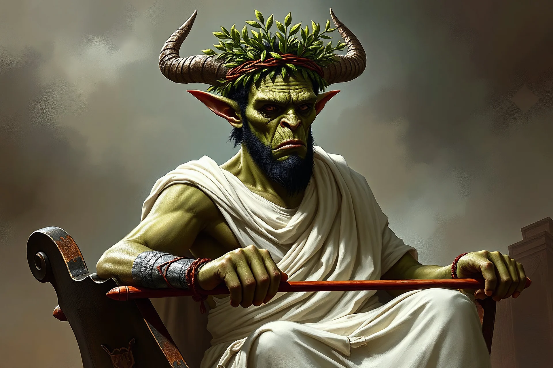 An Orc, dressed as Julius Caesar, olive branch crown, white toga, riding in a chariot, dramatic, realistic, fantasy, painterly, digital painting