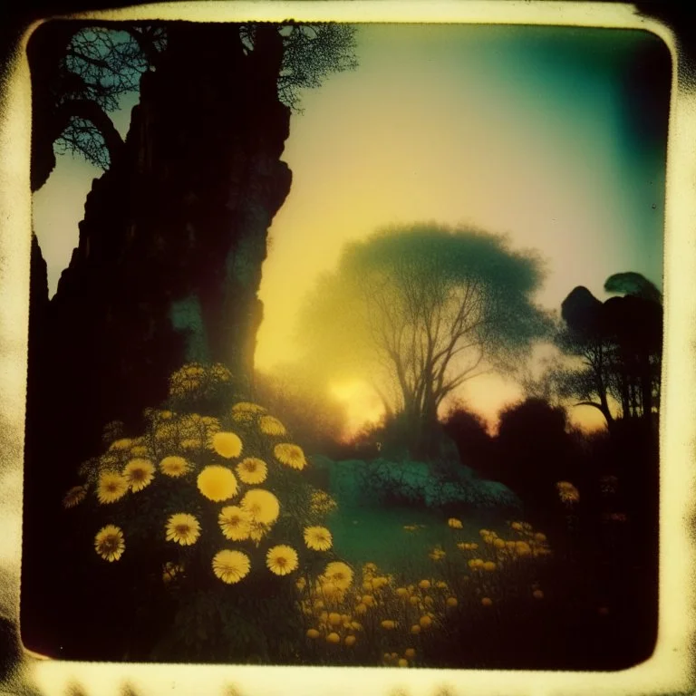 Polaroid photo of a peaceful marvelous landscape, trees, spooky light, flowers, giant sun, very spooky figure, intricate, rock formations, atmosphere of a Max Ernst painting, Henri Rousseau, thoughtful, interesting, a bit appalling, smooth