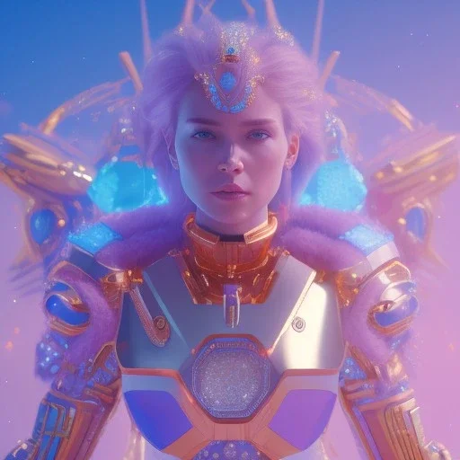 A portrait of a crystalised blue pink extraterrestrial, gold, diamonds, sunny background, atmospheric, realistic, unreal engine, 8k. Cinematic lighting, octane render.