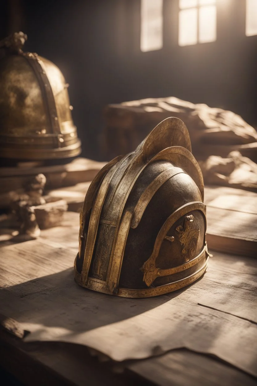 The Roman centurion's golden helmet lies on an old cracked wooden table. Next to it on the table is a cross on a string and a scroll of parchment. A ray of sunlight reflects off the helmet. All around is the entourage of ancient Rome. High quality image in 8K