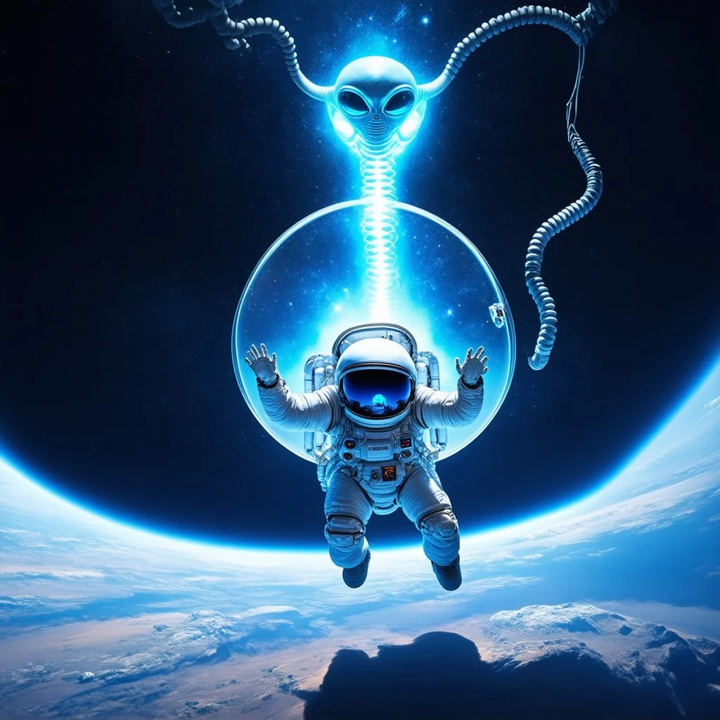 long shot of astronaut limply adrift in vast cosmic space that has a biomechanical umbilical cord running from belly to a colossal apparitional alien fetus in a translucent cosmic membranal womb made of light, fantastical, surreal, spacepunk, CGI, HD, cinematic poster art