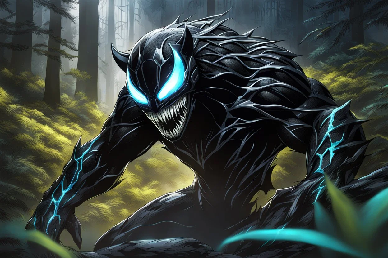 Shadow symbiote in 8k realistic anime drawing style, bear them, neon ice power, ice forest, highly detailed, high details, detailed portrait, masterpiece,ultra detailed, ultra quality