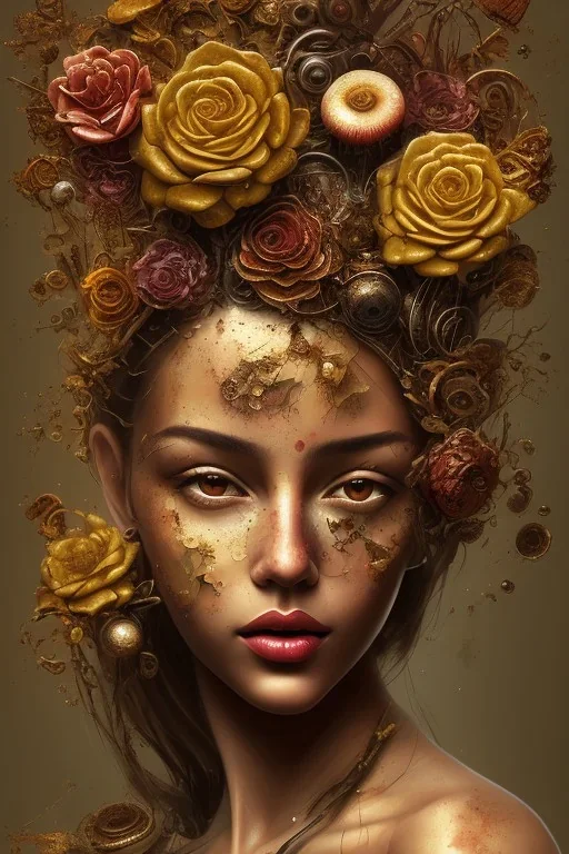 an abstract painting of rusted metal and flowers and mushroom,beautiful blonde girl portrait, rust, scaffolding, iron cladding, decay, mixed media, textured, anatomically correct, beautiful perfect face, sharp focus, highly detailed