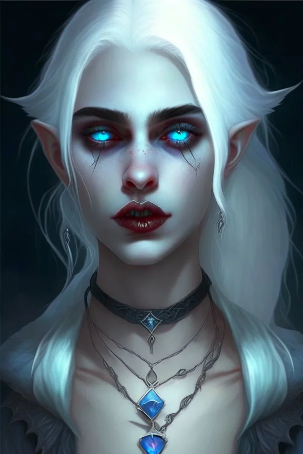 hauntingly beautiful character for dnd, young vampire woman with white hair and blue eyes, angel, with moon necklace, lips slightly parted showing fangs