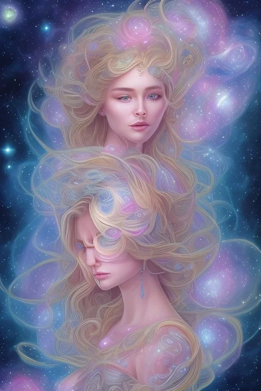 Create an image of a full body cosmic Goddess. The goddess should be depicted as a beautiful and powerful figure, surrounded by cosmic stars. Her hair should be long, blond and flowing, and she should be dressed in a flowing gown blue celestial robe. In the background, include imagery of pink flowers, blue sky,trees. The image should evoke a sense of joy, celebration, and spiritual connection to nature.