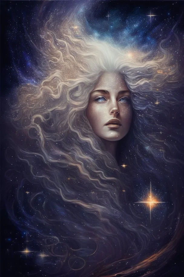 Kobieta Piekna polaczony z kosmosem I muzyka A beautifully-rendered portrait of a powerful, celestial figure, with flowing, star-studded hair and eyes that contain entire galaxies, set against a cosmic backdrop.