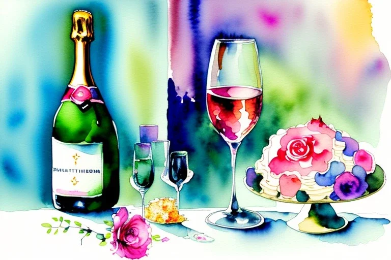 Flowers, birthday cake, two glasses of Champagner. Watercolour