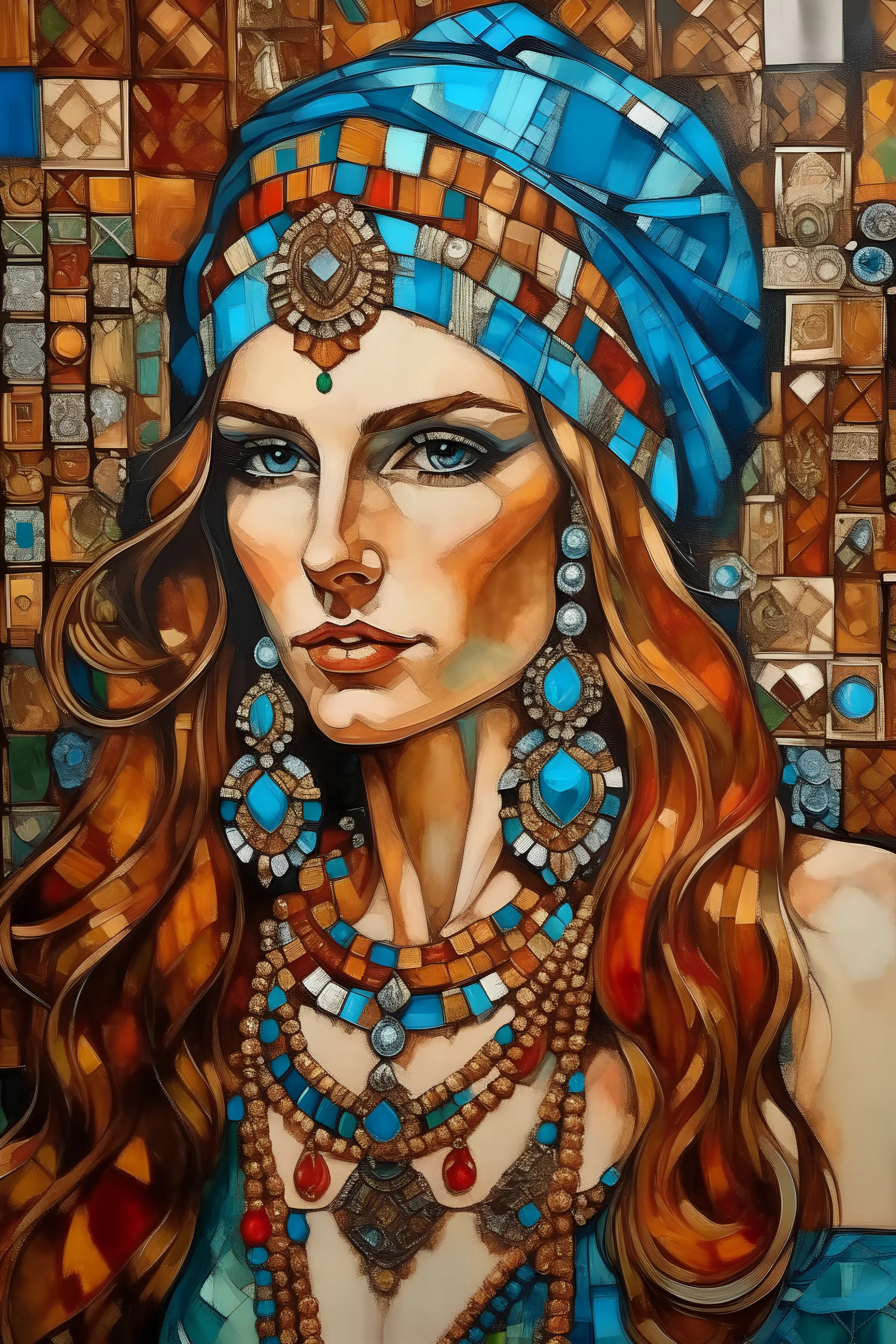 Painted portrait of woman in turban, long hair and loads of jewellery painted by brush in style of Gaudis mosaic