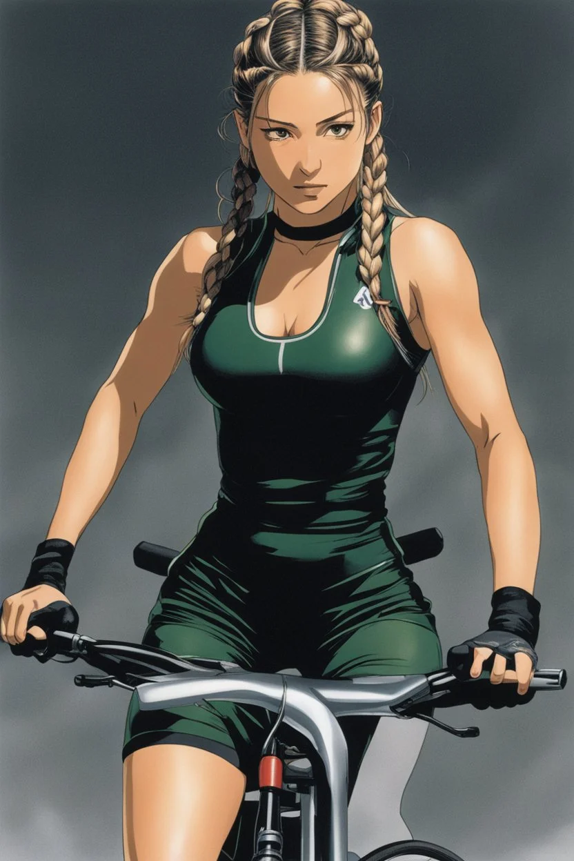 a Celtic girl with braids in a dark tight sport outfit, she does gym on a training bike, panting [Yoshitaka Amano. Selections 30th Anniversary Edition]