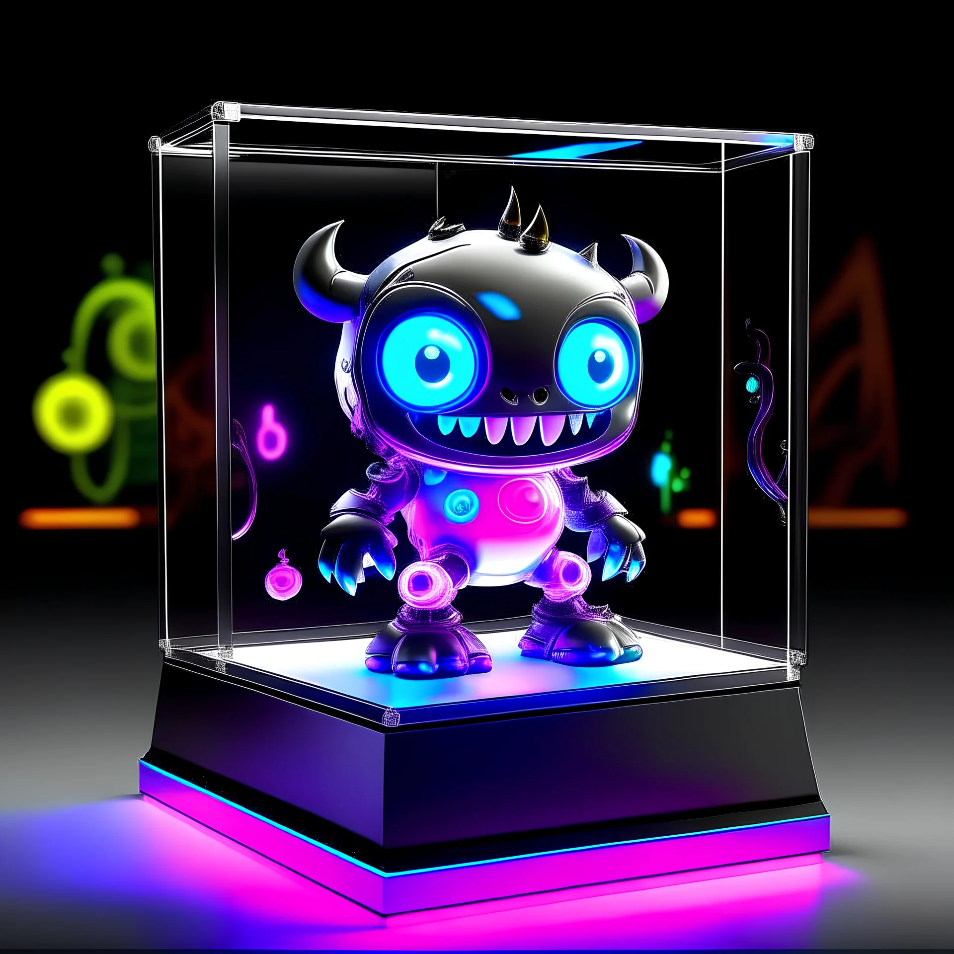 cute chibi robot monster in a glass display case with a rainbow aura glow and pulsating hypnotic eyes, facing the view directly.