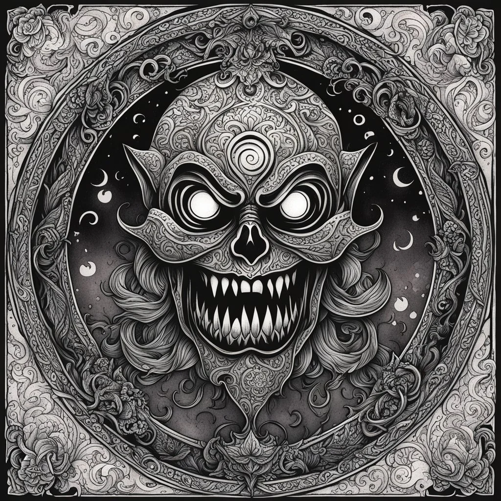 The tattooed killer lantern hovers ominously, its intricate patterns of swirling bloody ink glowing with a malevolent energy. The figure's eyes widen in terror as they realize the true nature of this haunting presence. The tattooed designs on the lantern come alive, shifting and writhing, possessed by a sinister force. a story of death and despair, a grim tapestry of fate woven into the very essence of the lantern itself.