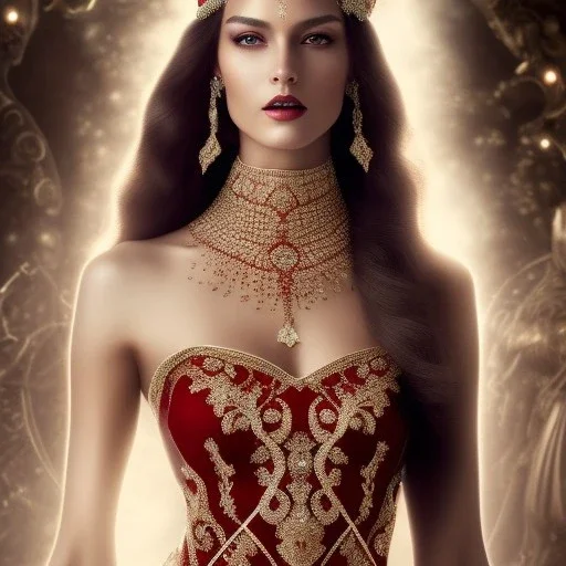 pltn style, beautiful woman, red, jeweled veil, tall, slender, long hair, smooth, flawless skin, deep, mysterious eyes, red gown, intricate beading, sparkling jewels, diamonds, rubies, regal, dignified, graceful, fluid, ethereal quality, light steps, roses, jasmine scent, shimmering light, spirit, hope, joy, mortal, extraordinary beauty, charm, mystery, legend, fascination, cute big circular reflective eyes, Pixar render, unreal engine cinematic smooth, intricate detail