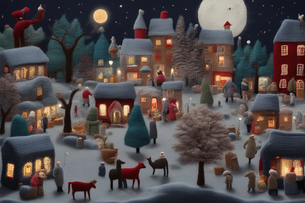 knitted city, trees, animals, peope, shops at night in moonlight