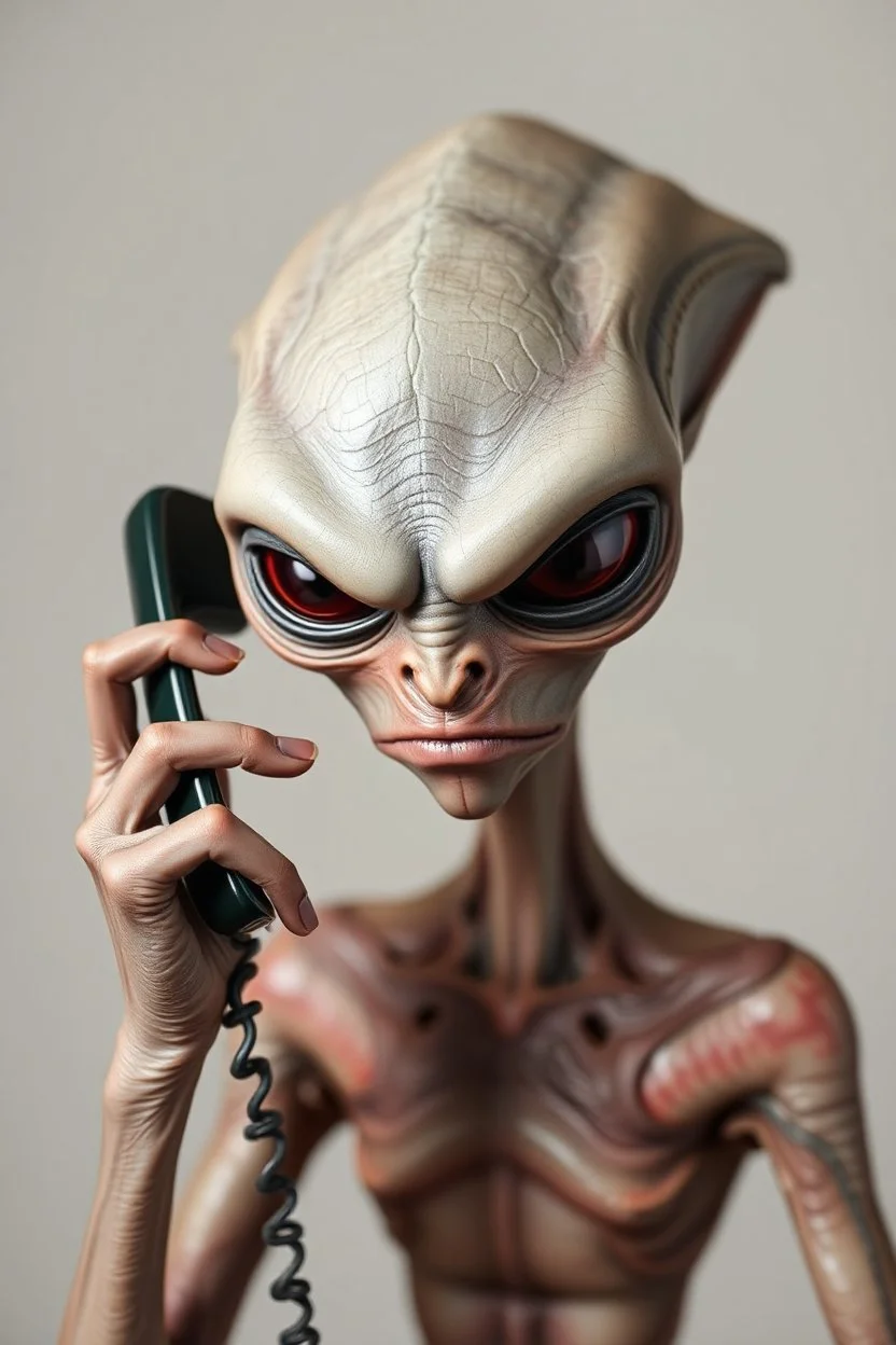 realistic grey alien angrily talking on the phone