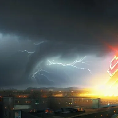 Close up, Rooftop view, Enourmous Paladin projecting a hologram shield, encroaching storm, ominous color palette, 2k resolution, high-quality, detailed matte, volumetric lighting, illustration, Dave Greco