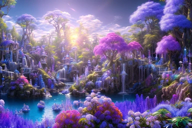 luminous blue crystal castle, sun,swanns,waterfall, BLUE LAKE, SWANNs,blue bugainvillier flowers, jacaranda violet trees, sky pink blue, full of details, smooth, bright sunshine，soft light atmosphere, light effect，vaporwave colorful, concept art, smooth, extremely sharp detail, finely tuned detail, ultra high definition, 8 k, unreal engine 5, ultra sharp focus