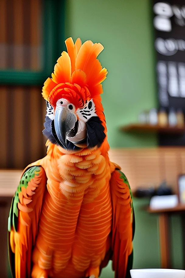 Half parrot half human in a 1700s Orange Dutch uniform in a Dutch cafe