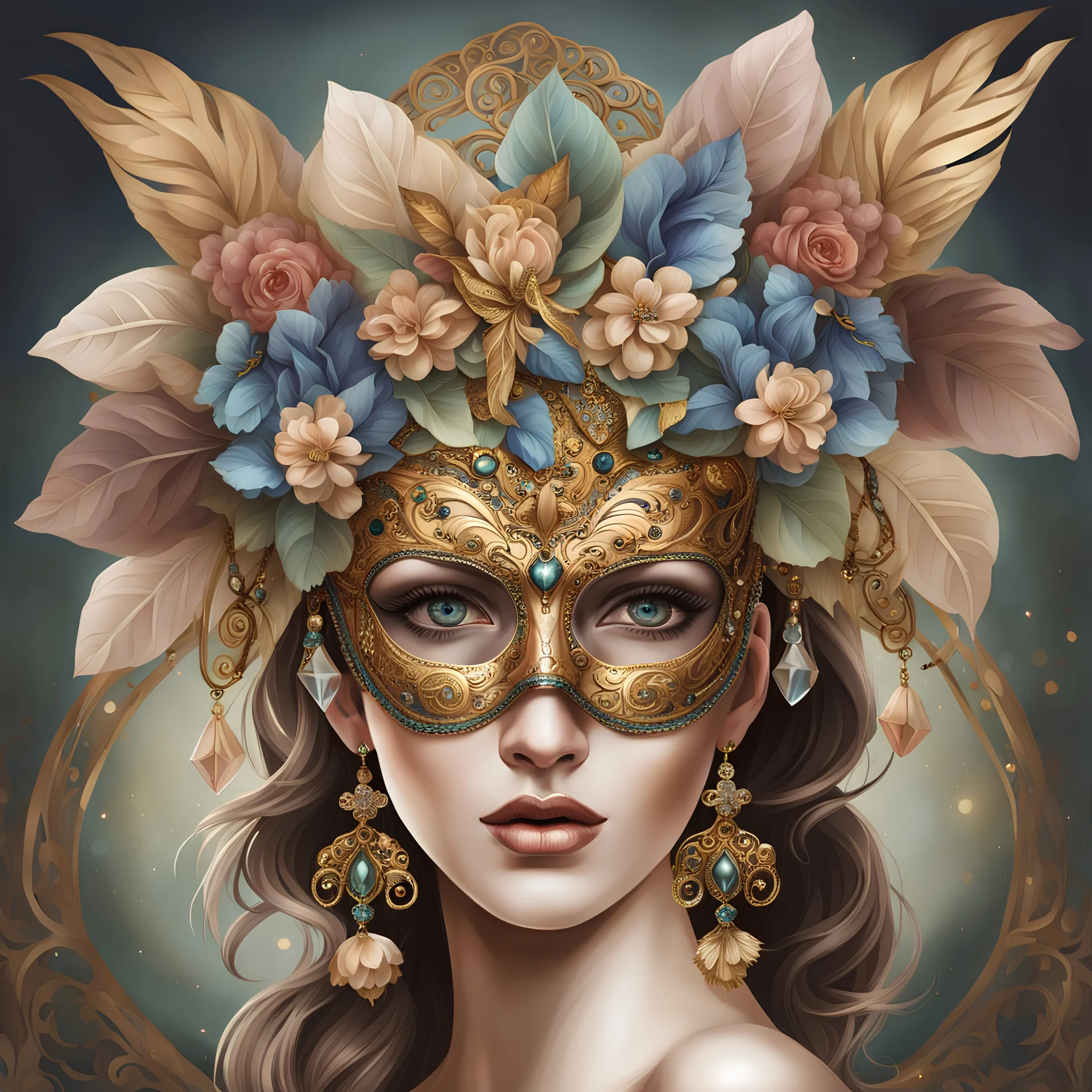 Realism image of goddess women adorned with an elaborate and ornate masquerade mask. The mask is embellished with jewels and glass floral decorations. Accompanying the mask are luxurious accessories, such as a necklace and earrings, that appear to be crafted from precious stones and metals.