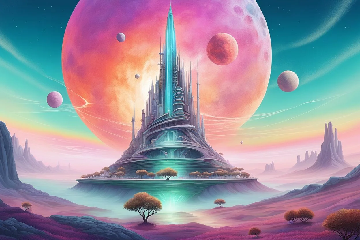 a futuristic tower on an alien planet, by artist "Kate Lycett",by artist "colorway gradient"