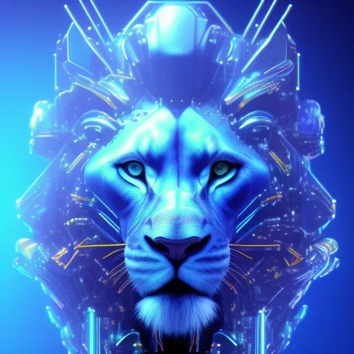 A beautiful portrait of a cyborg lion blue neon color scheme, high key lighting, volumetric light high details psychedelic background