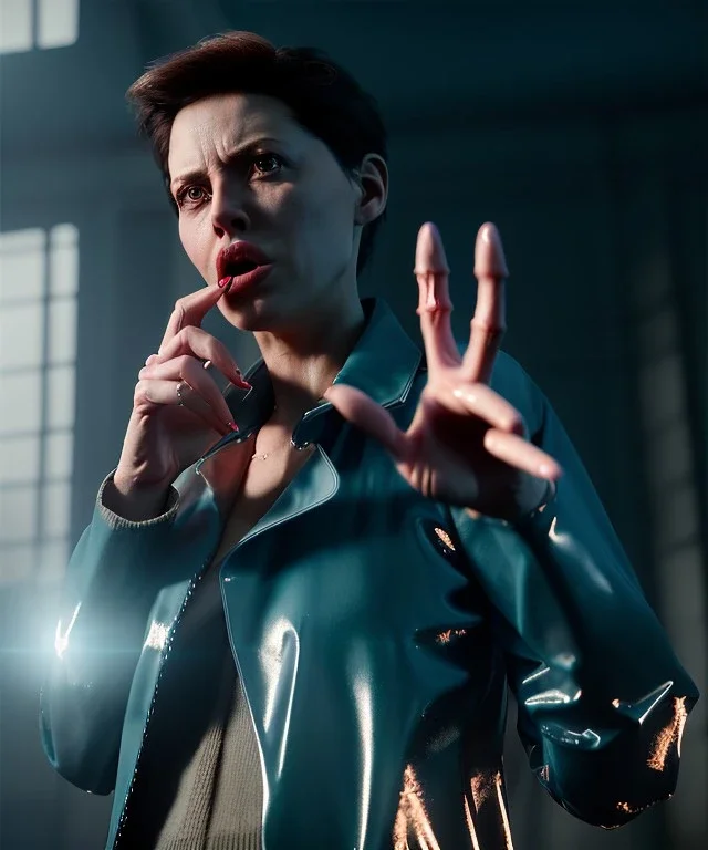 Ultra Realistic image, photo studio, medium shot view, a woman making the fuck off gesture with his finger, blue smoke coming out of his nose and mouth. Latex inflatable coat, soft color, highly detailed, unreal engine 5, ray tracing, RTX, lumen lighting, ultra detail, volumetric lighting, finely drawn, high definition, high resolution.