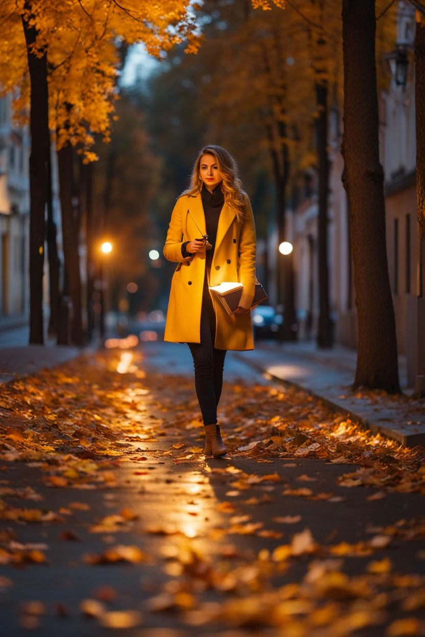 night yellow lights over the street trees autumn leaves under feet ,a Student adult girl with books in her hand walking in street looking to camera