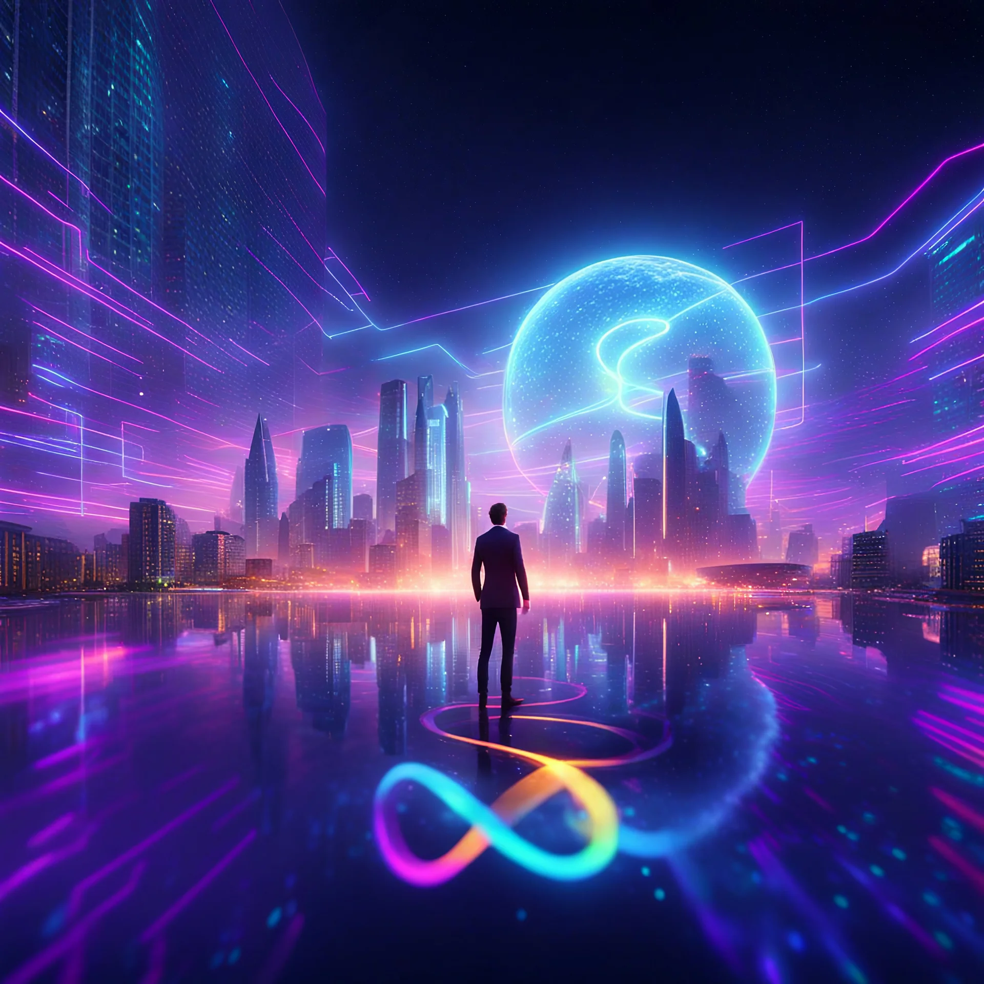 3D infinity symbol ∞, infinity figure-of-eight symbol is totally-symmetrical and brightly coloured, man silhouette facing epic scene of building, glowing earth, water, network and lights, exotic, inspiring, fantasy, neon, friendly, beautiful, octane render, 8k post-production, artstation: award-winning: atmospheric: commanding: fantastical: clarity: 16k: ultra quality: striking: brilliance: liquid medium: stunning colors: amazing depth; lens: f/8, 28mm