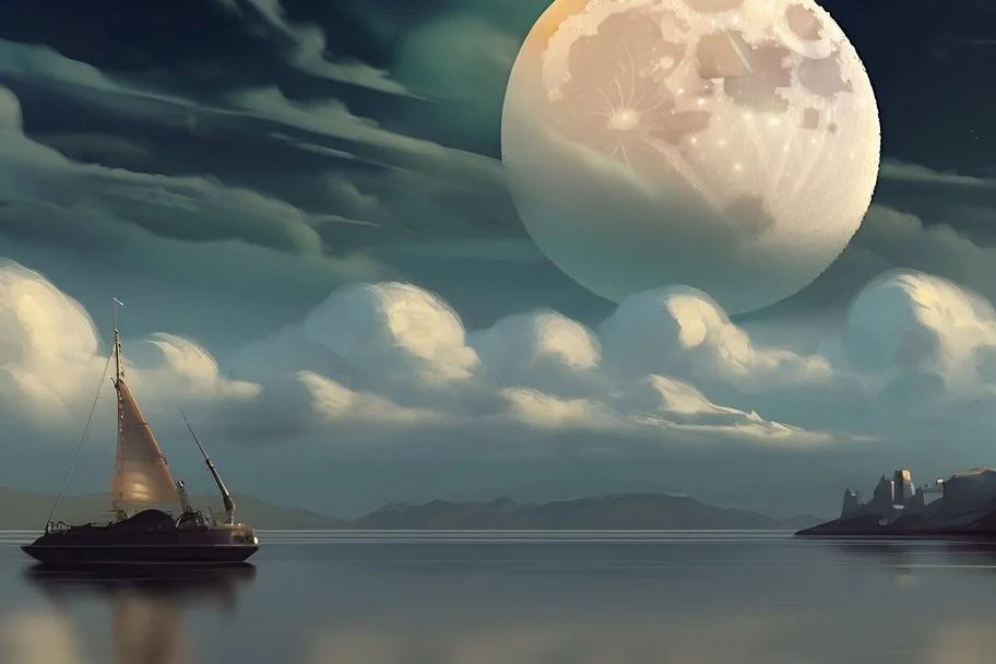 moon, clouds, distant city, lake, sci-fi, boat, epic