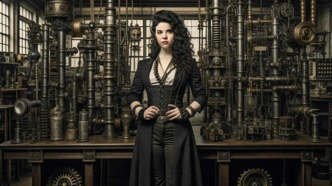 full-length portrait of a pale-faced woman with dark wavy shoulder-length hair, with detailed steampunk metal arms and legs, dressed like a Victorian, standing to one side in a laboratory full of small machines