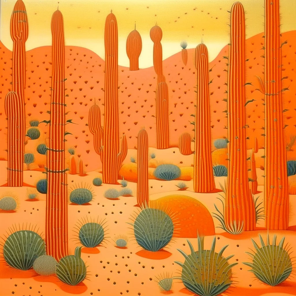 A light rosy orange colored arid stretch of land with electrical cacti designed in Indian Gond art painted by Georges Seurat