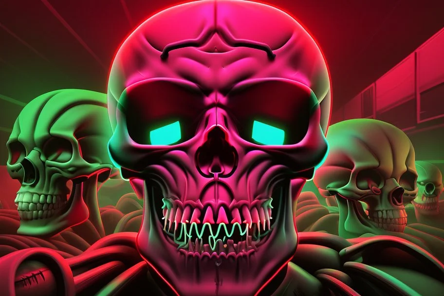 a field of 1000s of cartoonish, anatomically correct, skulls, vivid RANDOM BRIGHT neon colors, dark comedy, well lit, high detail, photorealistic, horrorcore, fun, scary, none featured, each a different color or hue,