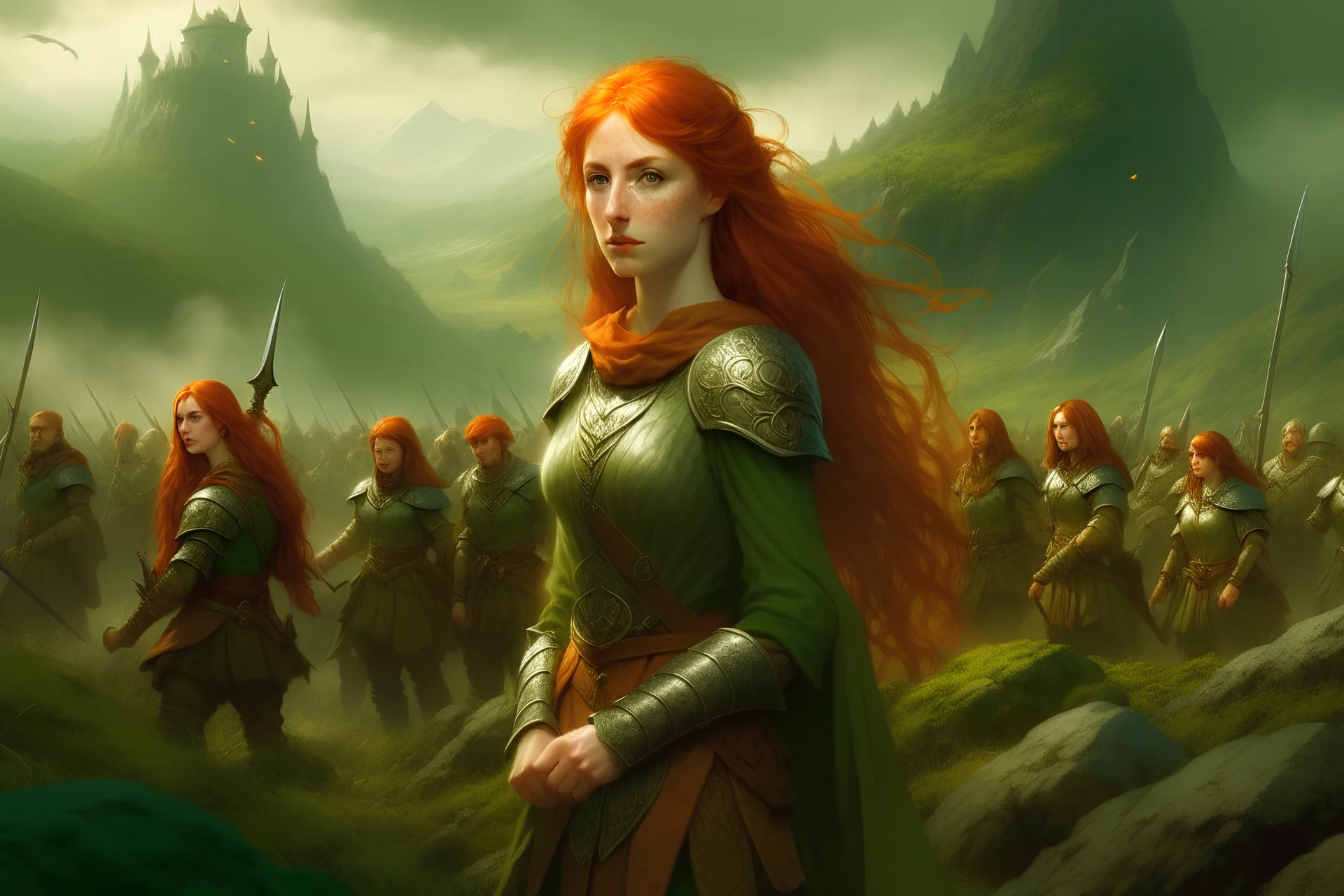 Painting of serious Redhead young woman fantasy queen with her army in a hill