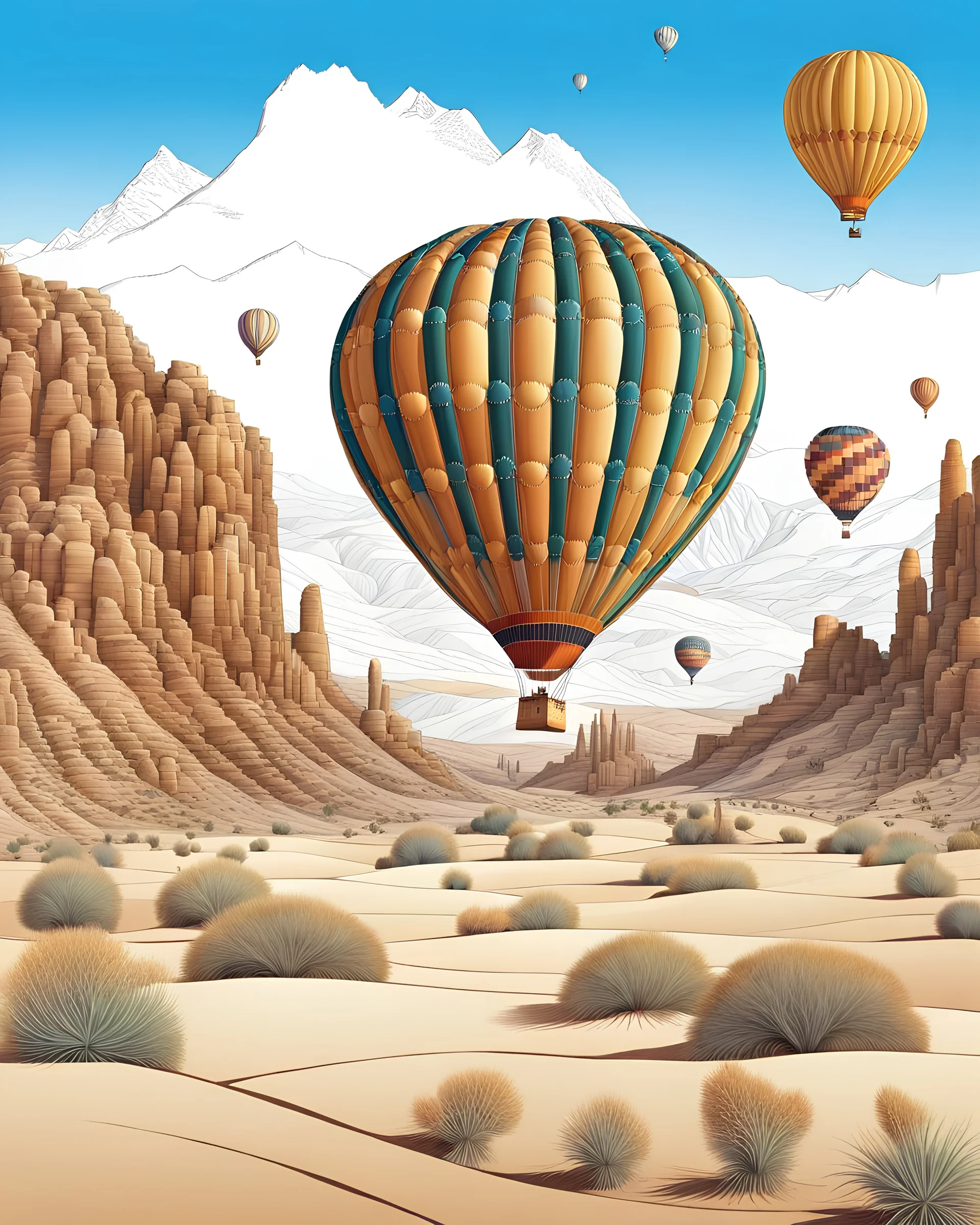 Coloring picture many ballon-hair flying in the sky on a desert and montains, highly detailed, intricate.