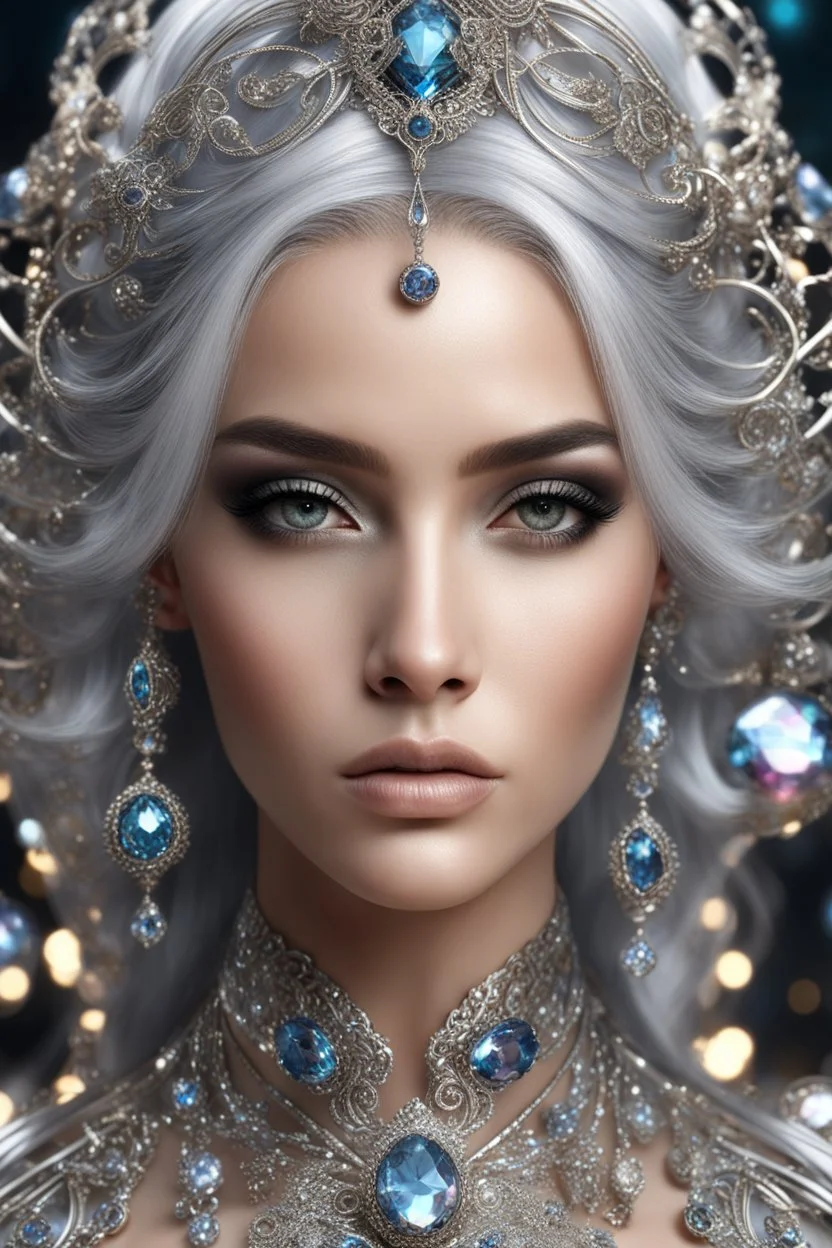 Length image of photography realistic portrait of young woman, beautiful, shiny hard eyes, make up, Fantasy style, shiny baubles, ornate, large gemstones, shiny molten metalics, shiny wire filigree, silver hair, high definition, high res, octane render