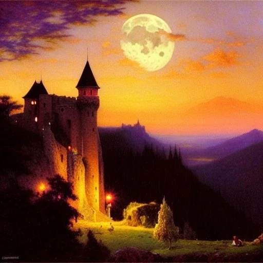 Drawing of 'Medieval Romanian Castle',bats,mountain,lake,full moon, by gaston bussiere, greg rutkowski, yoji shinkawa, yoshitaka amano, tsutomu nihei, donato giancola, tim hildebrandt, oil on canvas, cinematic composition, extreme detail,fit full head inside picture,16k