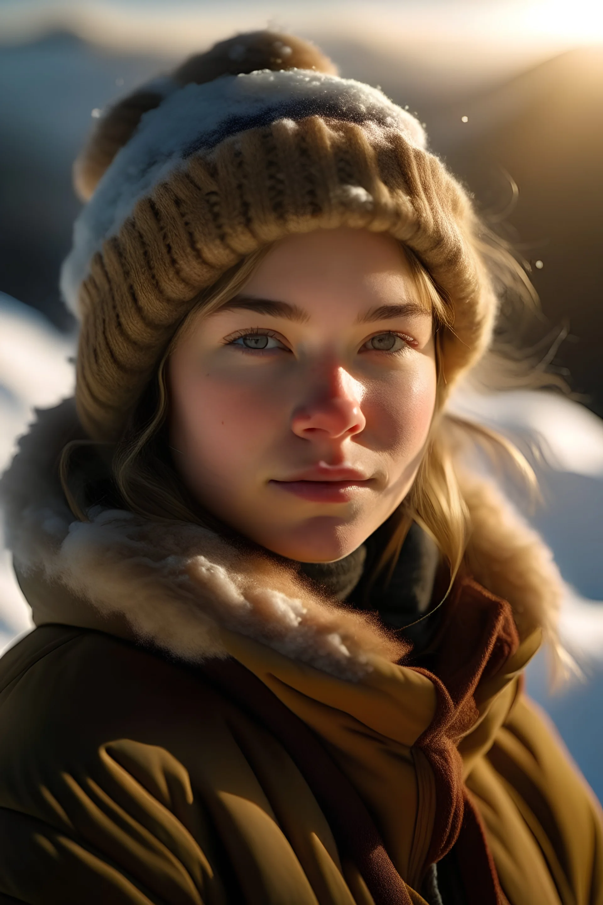 A 23 year old german girl with a serene expression stands proudly atop a majestic snow-covered mountain, bundled up in warm winter clothes to shield against the chill. Their face with pale skin, illuminated by the brilliant sunlight on this beautiful day, captivates the viewer with its genuine beauty. This stunning photograph, taken with a Fujifilm XT3 camera, captures every intricate detail of their features in astonishingly high resolution – an impressive 8k UHD RAW photo. The image carries a