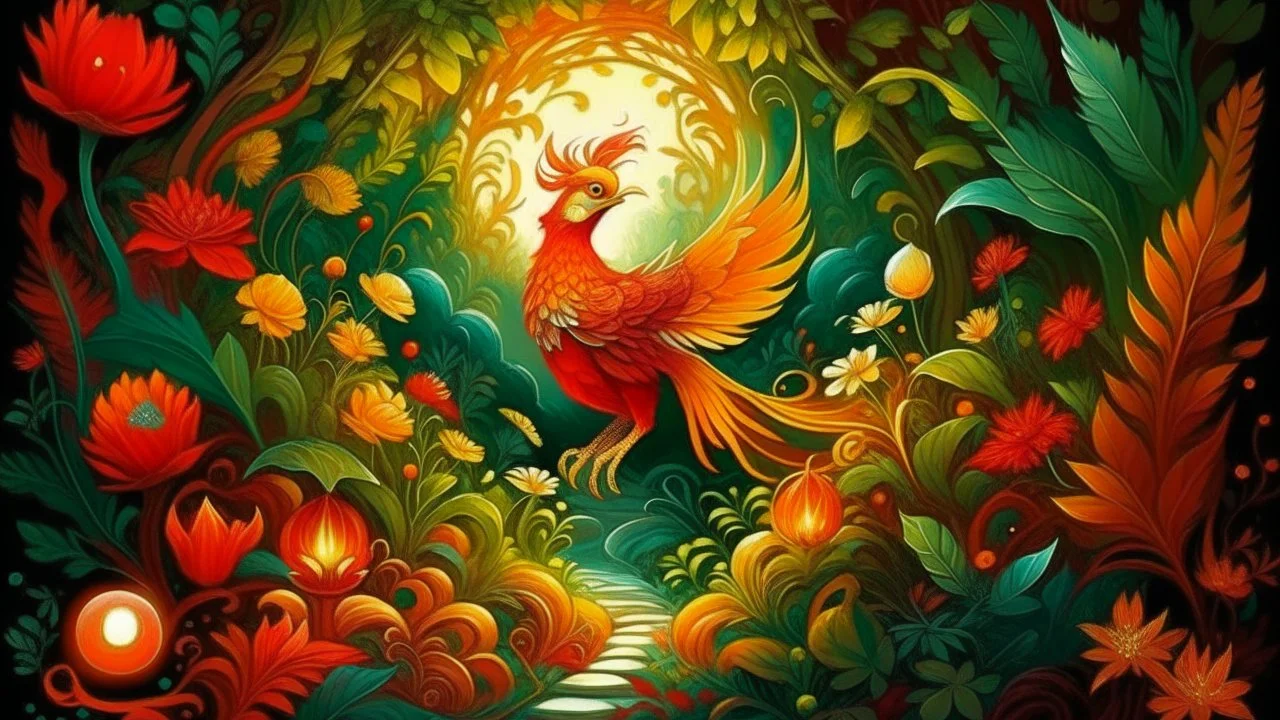 Slavic mythology fantasy illustration for bedtime story: enchanting garden with lush greenery and beautiful stone winding paths, with small tiny lanterns in the trees. Depict only one creature the Firebird. The body of the Firebird is adorned with feathers of vibrant red, orange, and gold, each one glowing with an otherworldly brilliance.