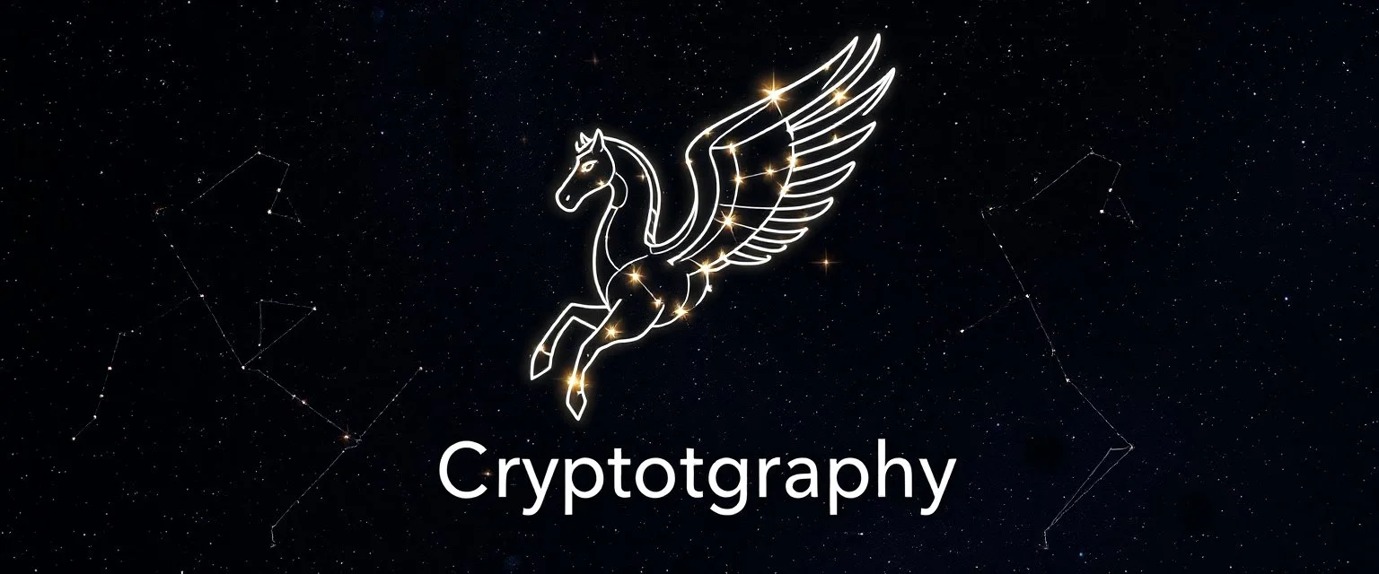 A star constellation in the form of a Pegasus in front of a deep space. Glowing lines connecting the stars that form the constellation. Digital Art. Digital Drawing. Logo. Icon. The word Cryptography is under the Pegasus